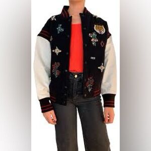 Joie Embroidered Varsity Jacket Black White Tiger Floral Bomber Size M